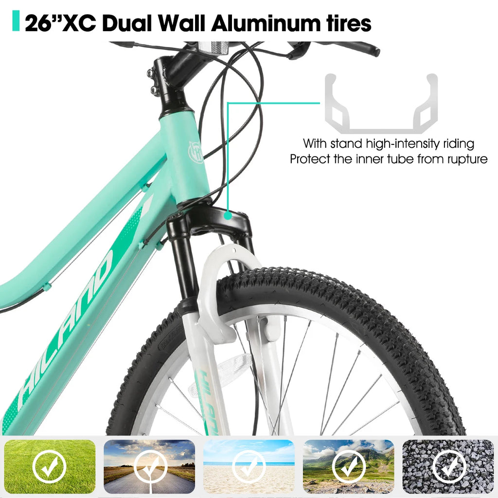 Hiland 26 Inch Women's Mountain Bike, 18-Speed with Front Suspension Fork, Dual Mechanical Disc Brakes, Aluminum Frame MTB