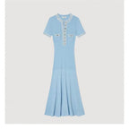 Elegant Contrasting Women Knit Maxi Dress Chic O-neck Short Sleeve Metal Buttons Bodycon Dresses Office Lady Commuting Robe