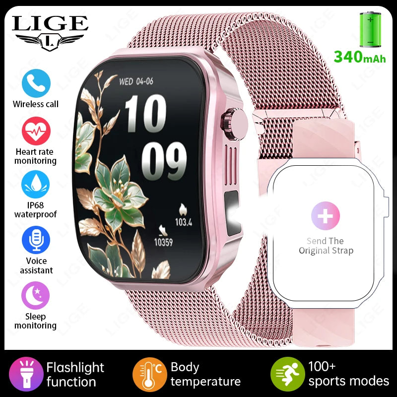 LIGE New 2.2-inch 3D Curved Screen Smart Watch With LED Light Thermometer Health Monitor Smartwatch BT Call Sports Fitness Watch