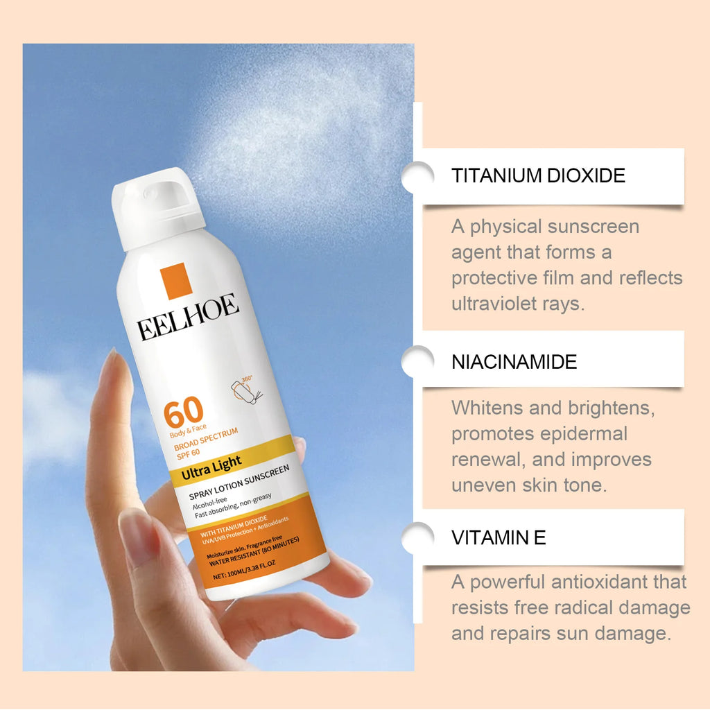 EELHOE Sun Protection Face Spray, Hydrating Moisturizer with UV Filter Lightweight Daily SPF60 Mist for Sensitive Skin Oil-Free