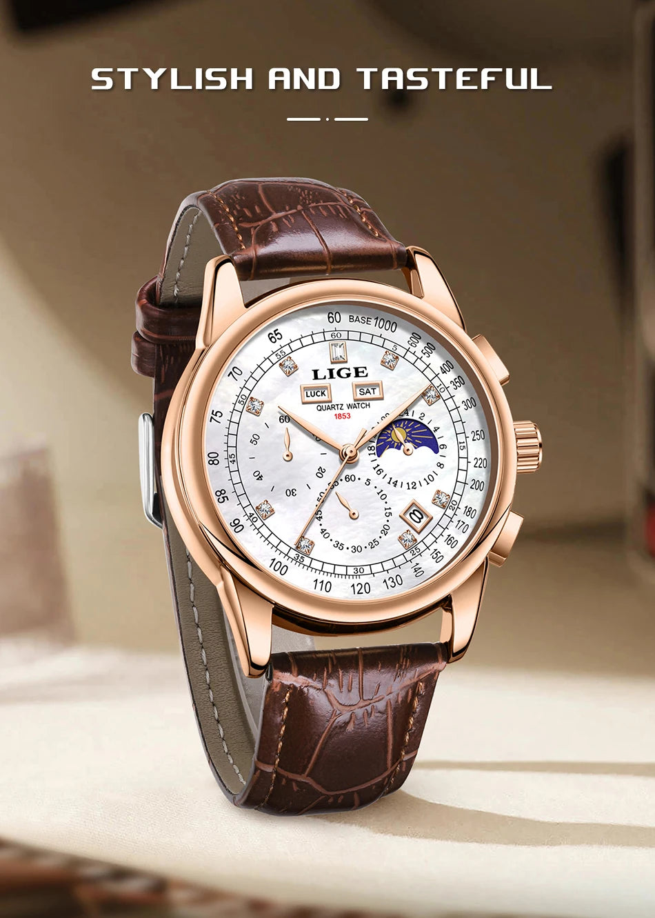 LIGE Retro Elegant Quartz Women's Wristwatches Simple Diamond Dial Fashion Casual Outdoor Date Waterproof Moon Phase Woman Watch