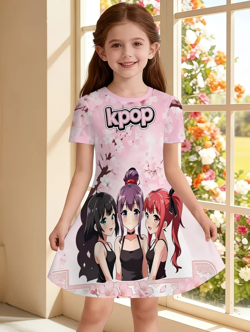Kpop Cartoon Graphic Dress for Girls Funny Gift for Fan Harajuku Girl Clothes Summer Tops Short Sleeve Dress Children's Clothing