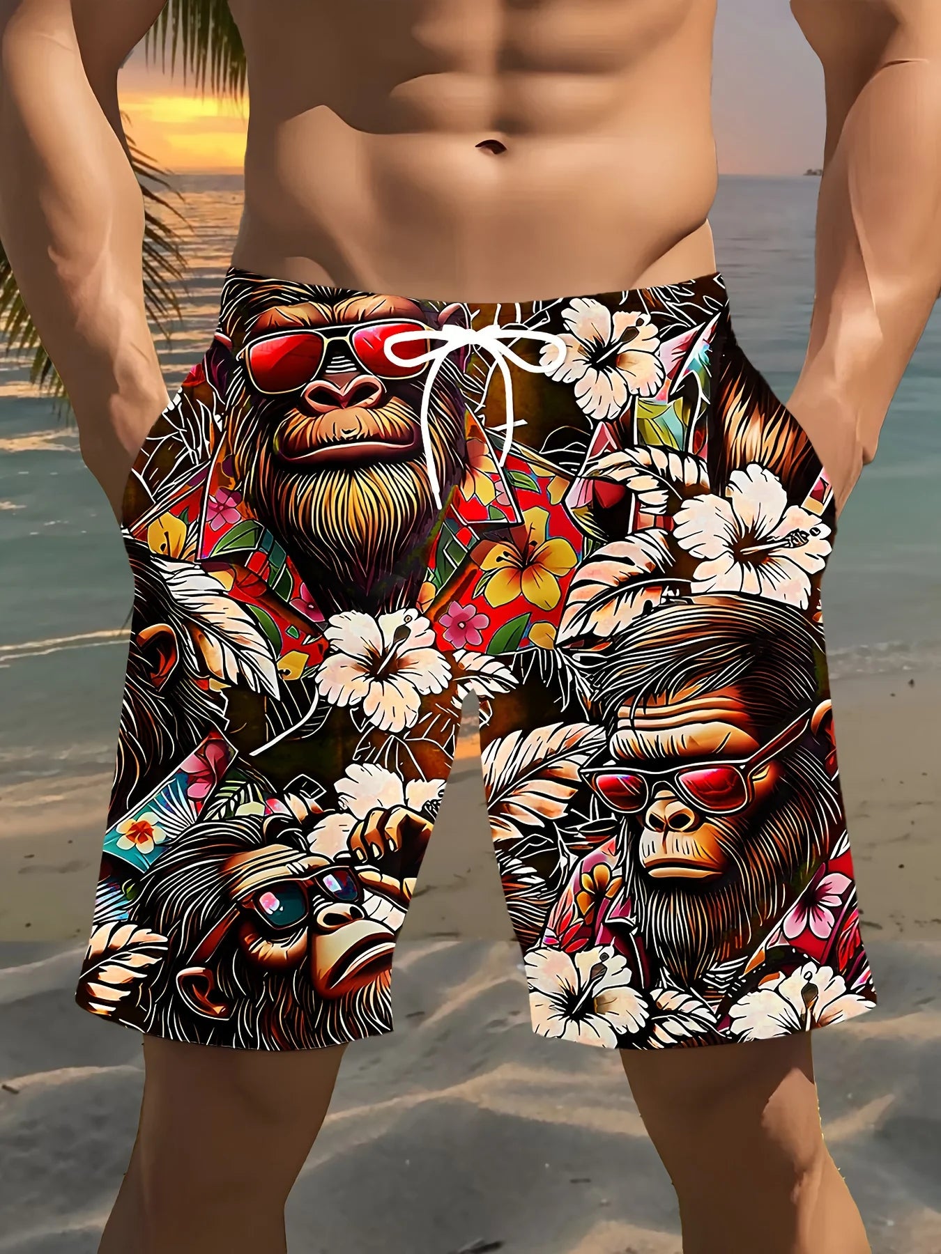 3D Gorilla Print Design Fashion Sexy Waterproof Quick-Dry Sports Men Kid Surfing Vacation Leisure Parent-child Beach Short Pants Ürün ana görseli