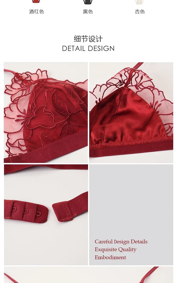 BANERDANNI Pure Desire Victoria French Lace Embroidered Lingerie Women's Thin Cup Triangle Cup Bra Set Comfortable No Underwire