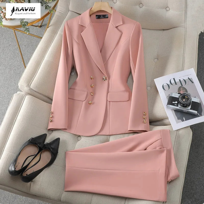 NAVIU New 2024 Women Pant Suits Pink Blazer And Jacket Set Office Ladies Work Business Uniform Female Pantsuit OL Style Beige Ürün ana görseli