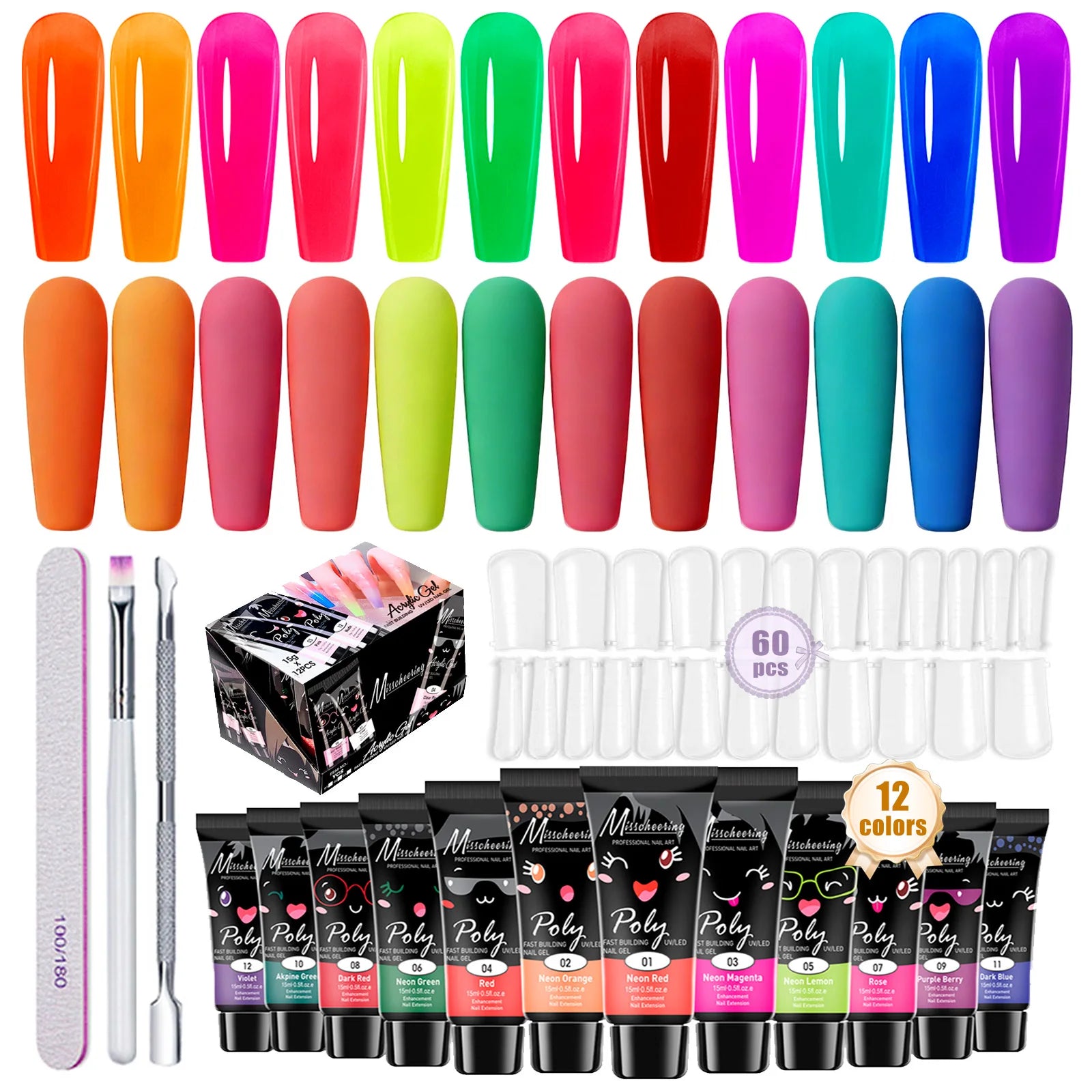 Poly Gel Nail Colors: 12 Colors Nail Extension Gel Kit Bright Rainbow Pink Purple Blue Color Collection Poly Gel Nail Kit