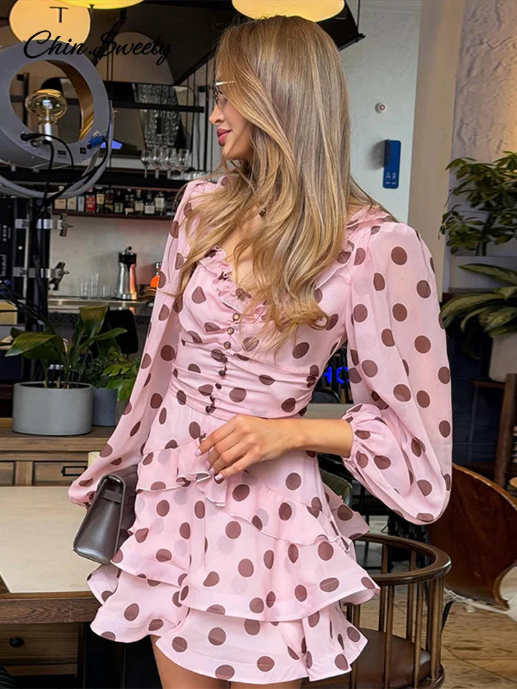Elegant Polka Dots Casual Dress For Women Pink Ruffle Full Sleeve S Line Summer Dresses Lady New Fashion Street Robe 2026