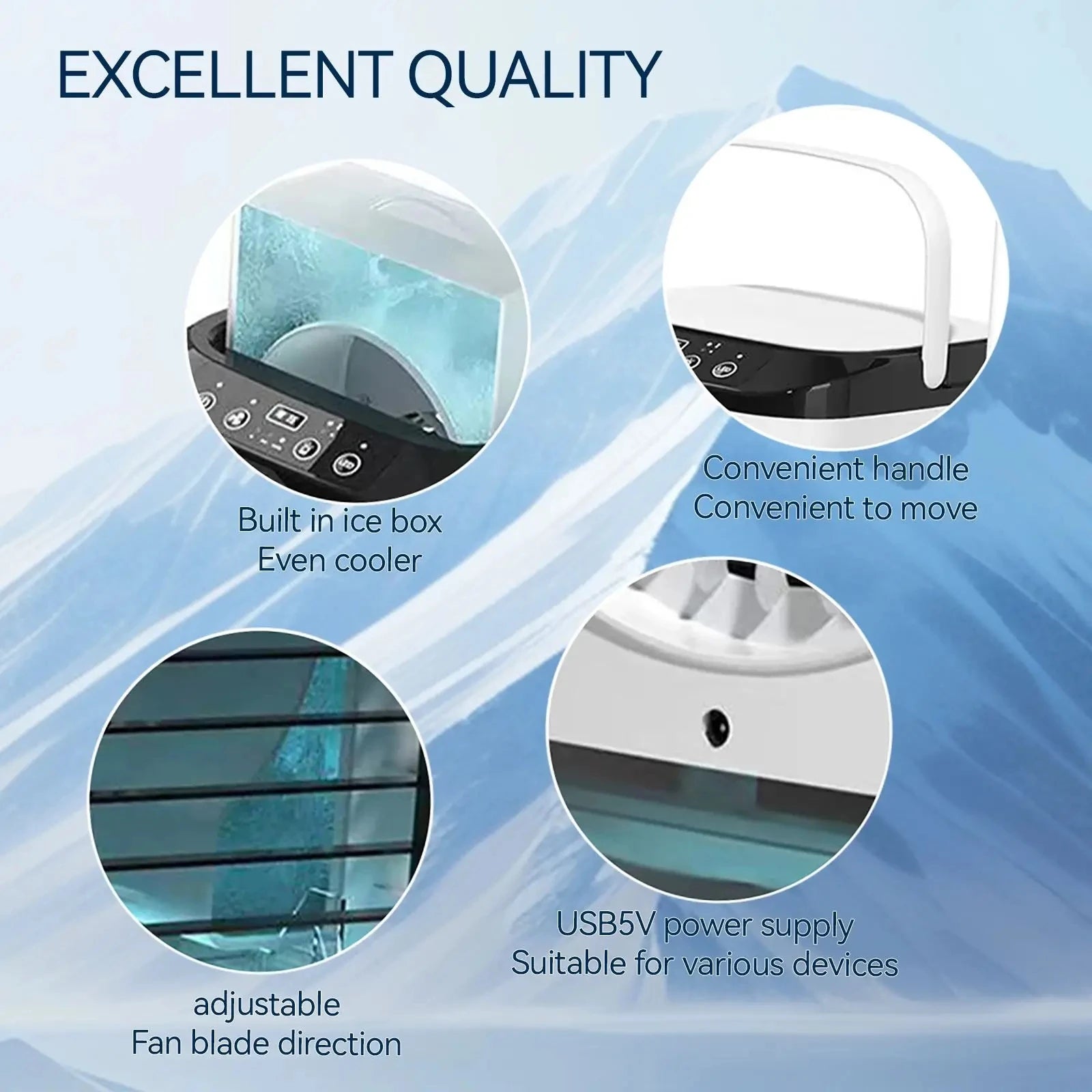 Portable Air Conditioner 3 Speed Mini AC Unit With Dual Mist Ice Box 900ML Water Tank Humidifier For Bedroom Office