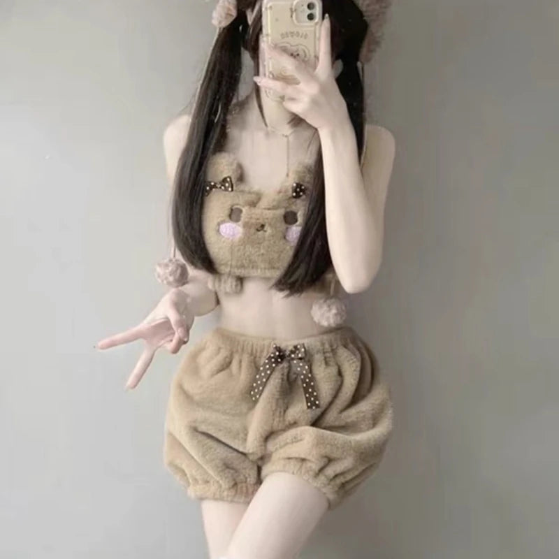 Japanese Kawaii Lolita Pajamas Nad Panty Set Women Cute Cartoon Bra Bow Underwear Pumpkin Panty Push Up Bras Lingerie Intimate