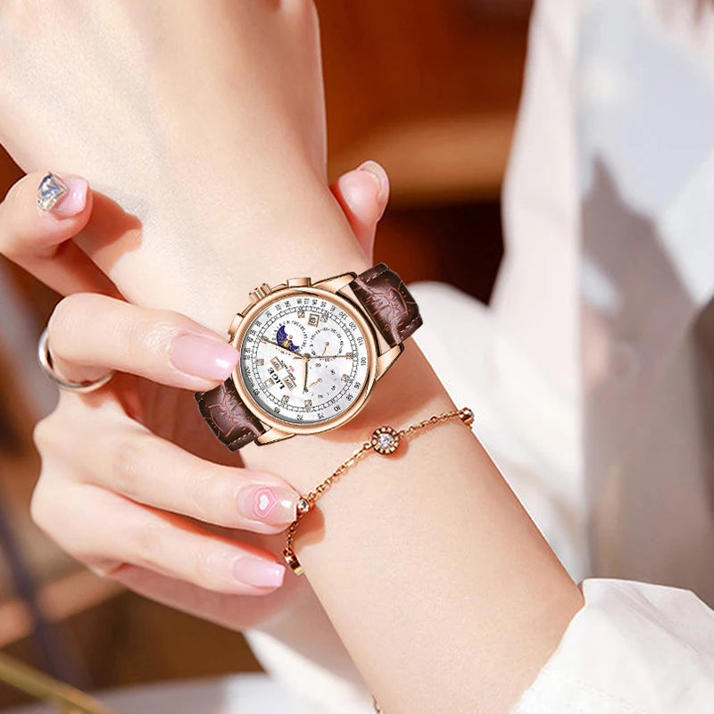 LIGE Retro Elegant Quartz Women's Wristwatches Simple Diamond Dial Fashion Casual Outdoor Date Waterproof Moon Phase Woman Watch