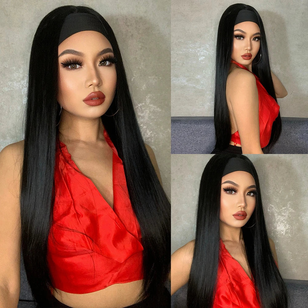 ALAN EATON Long Blonde Synthetic Headband Wig Ombre Blonde Straight Hair Wigs Natural Looking Heat Resistant Fiber for Daily Use