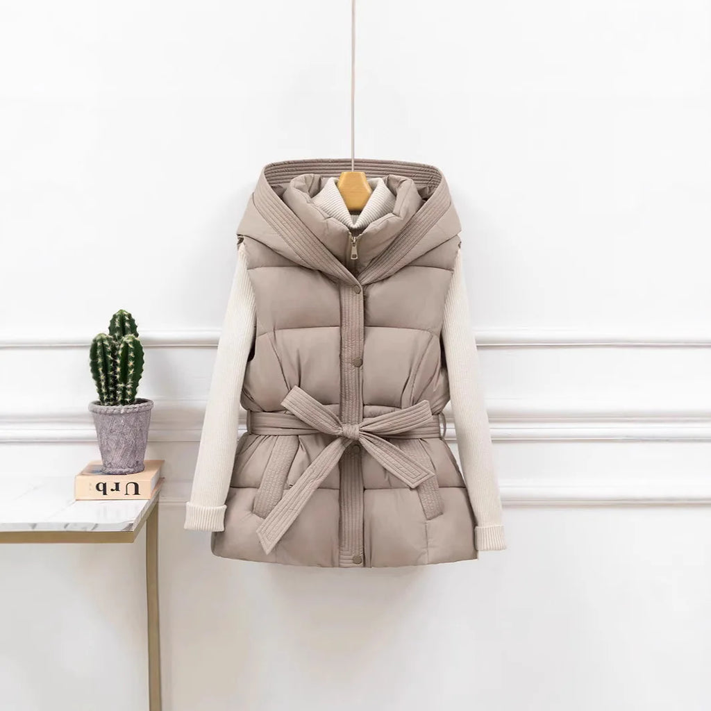 Women's Quilted Puffer Vest Thicken Warm Winter Hooded Coat Solid Color Sleeveless Padded Outwear Cropped Button Zip Up Coat