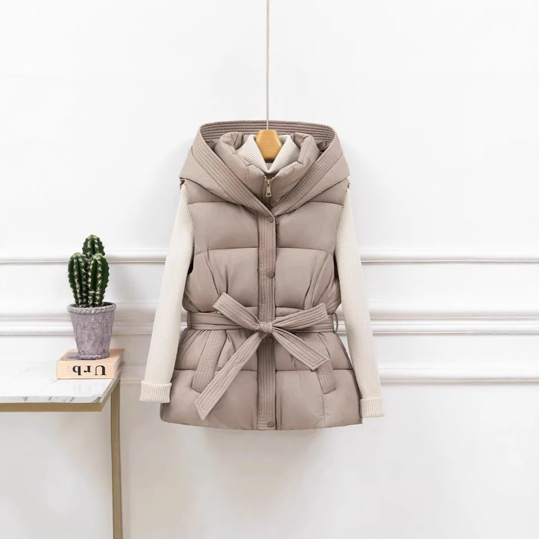 Women's Quilted Puffer Vest Thicken Warm Winter Hooded Coat Solid Color Sleeveless Padded Outwear Cropped Button Zip Up Coat