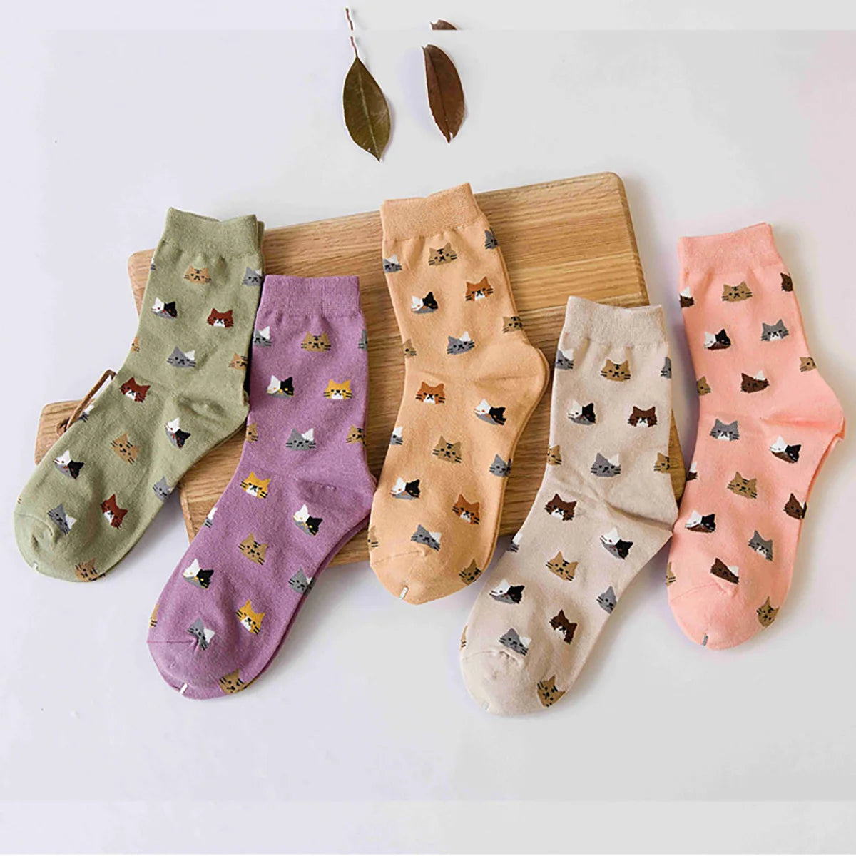 5 Pairs Cat Print Socks, Cute & Comfy All-match Mid Tube Socks, Women's Stockings & Hosiery Ürün ana görseli