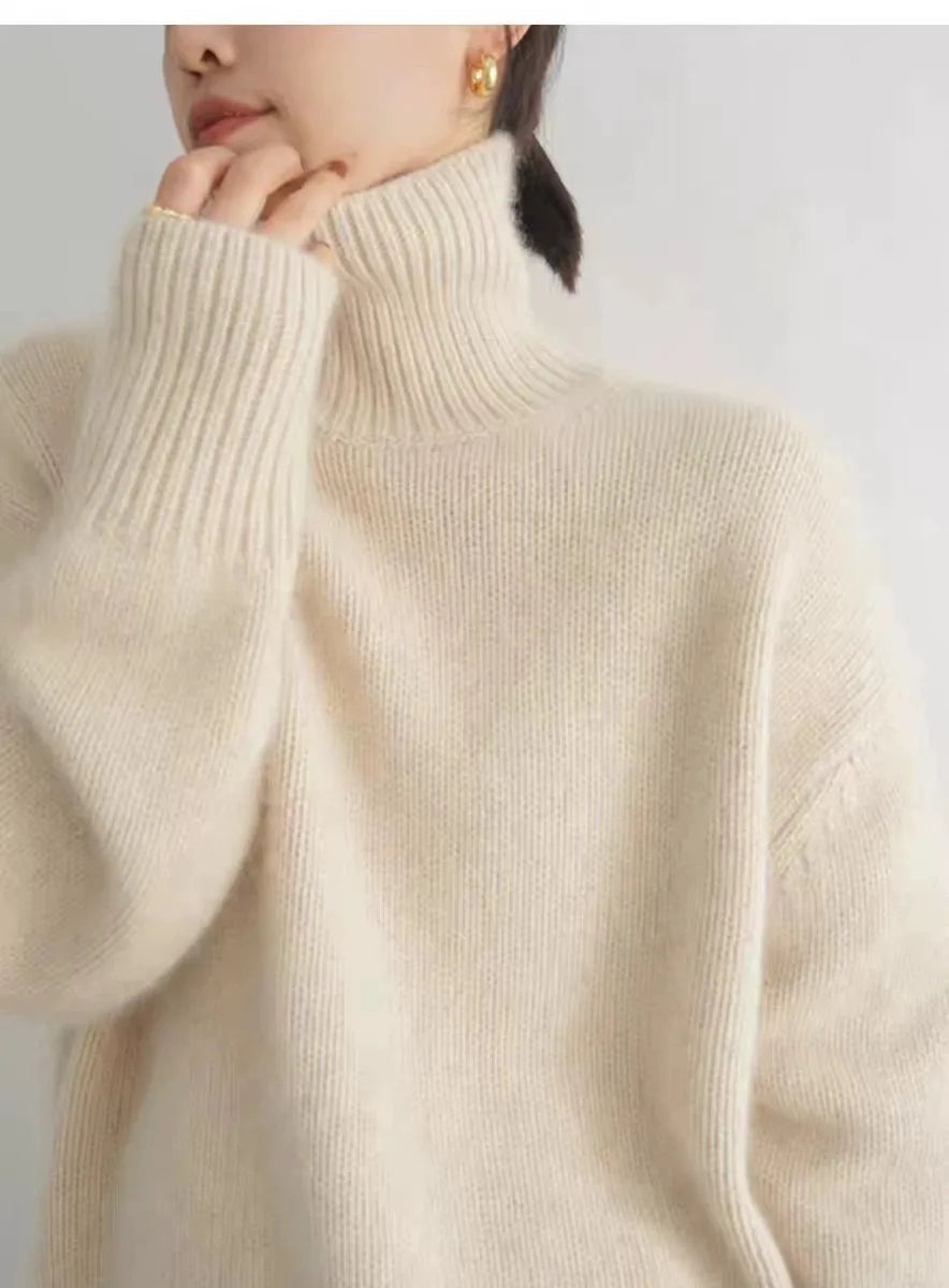 2023 autumn and winter turtleneck 100% pure cashmere women loose sweater thickened wool sweater cover lazy bottom