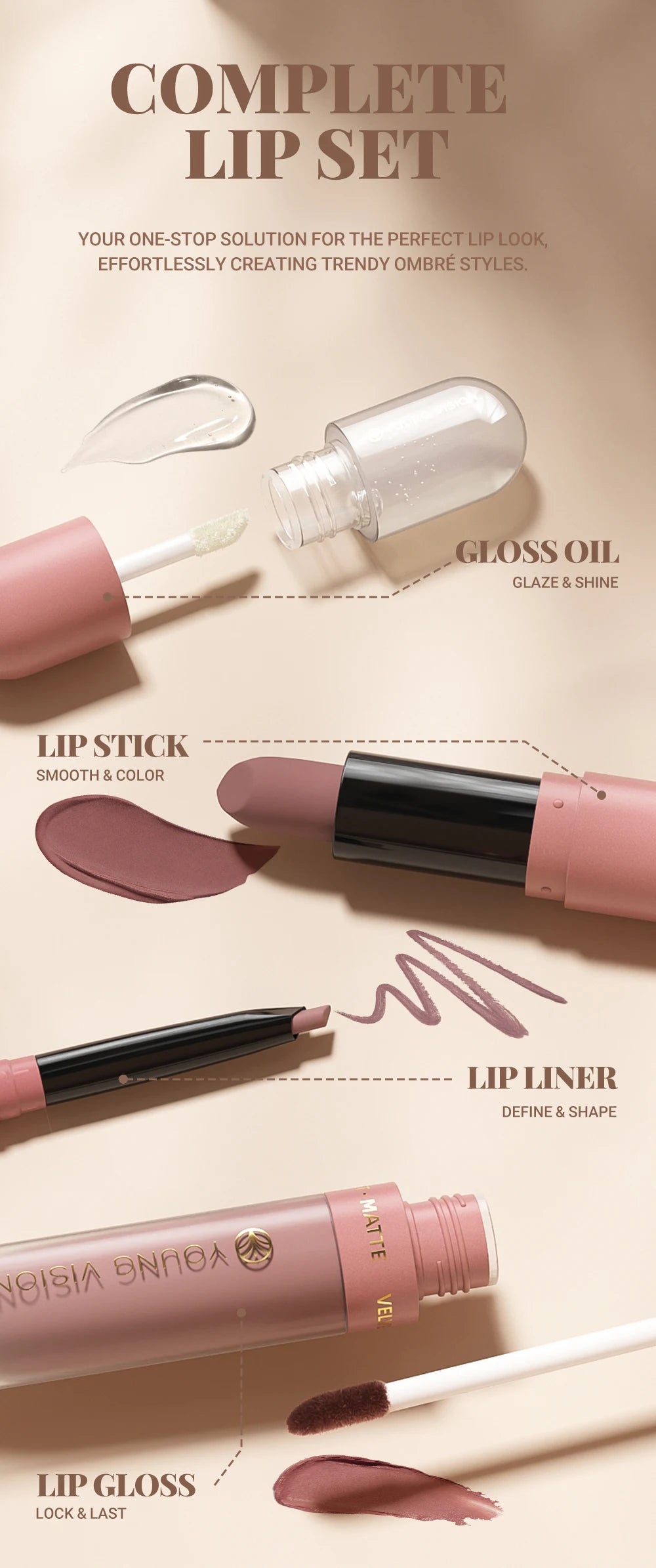 4pcs/Set Long Lasting Waterproof Lip Makeup Kit - Soft Smooth Creamy Lipliner Lipstick & lip gloss lip oil Set