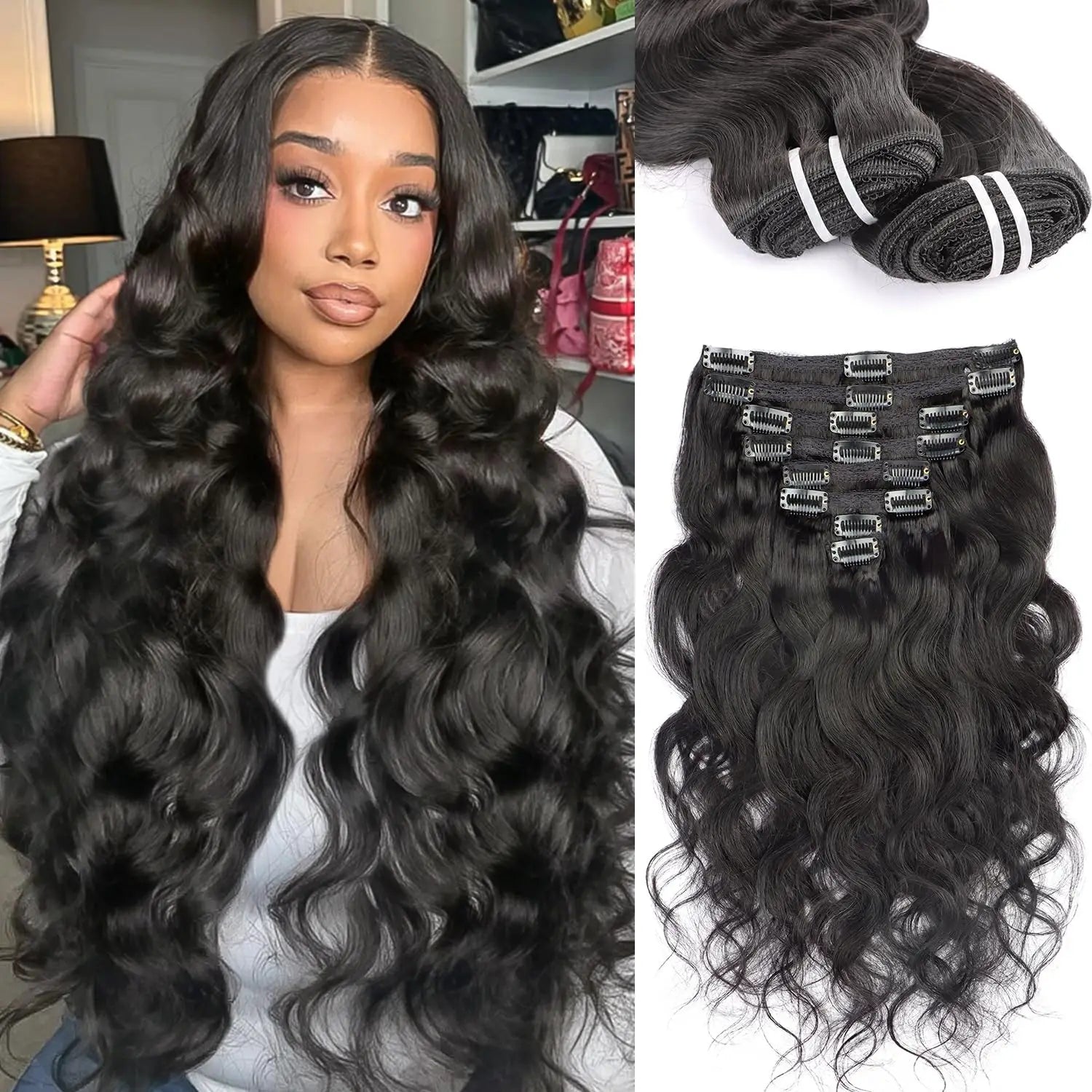 Wave Clip in Hair Extensions Real Human Hair Extensions Clip Ins 120 Gram Body Wave 18 Inch 8Pcs Natural Black 100% Human Hair Main image