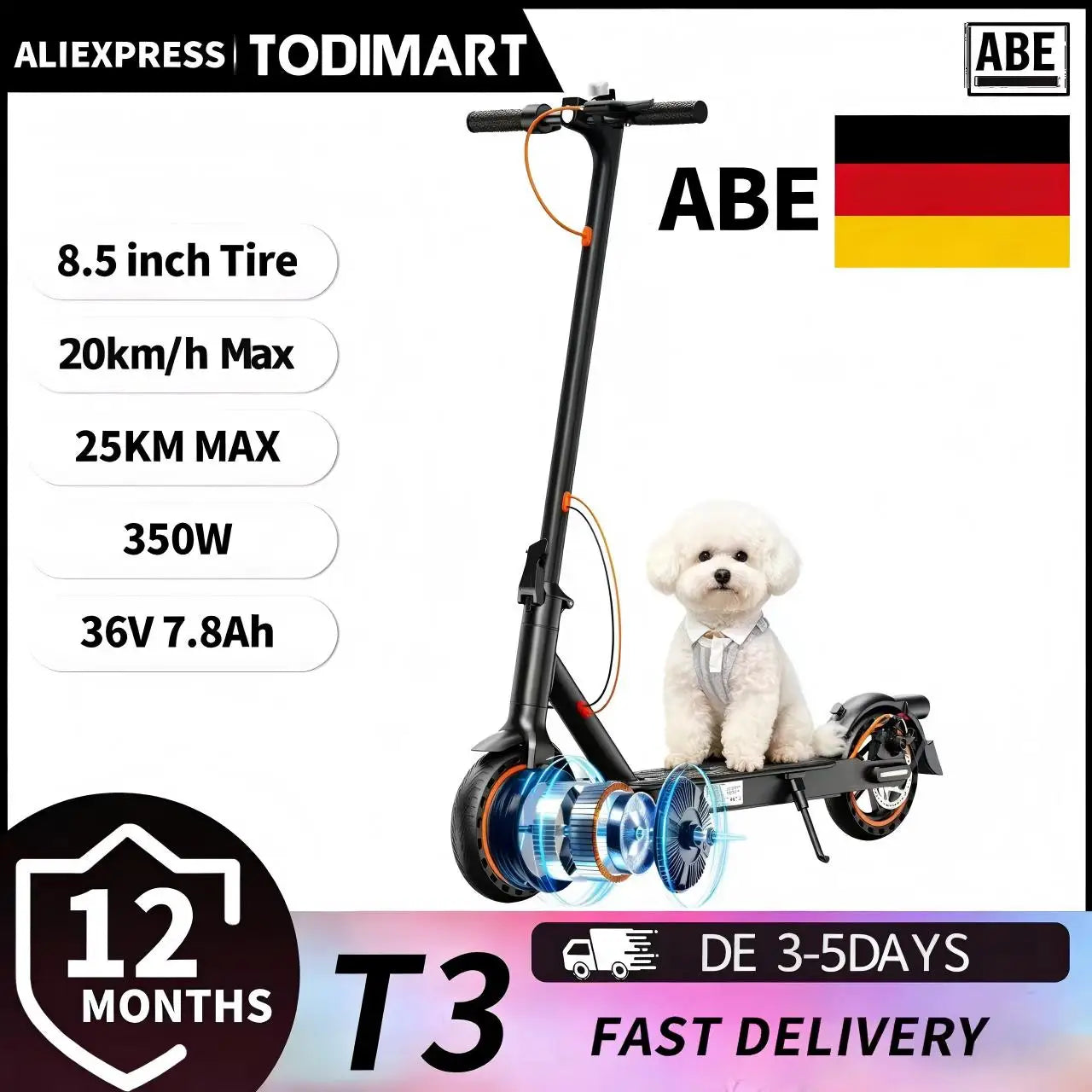 Todimart T3 ABE adult electric scooter, 36V 7.8AH, peak power 500W, 25-35KM, 8.5-inch honeycomb tires, urban electric scooter Ürün ana görseli