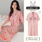 SUKAE Midi Nightdress M-5XL V-neck Bra Padded Botton Sleepshirt Plus Size Cotton Nightgowns Summer Women Short Sleeves Nightgown