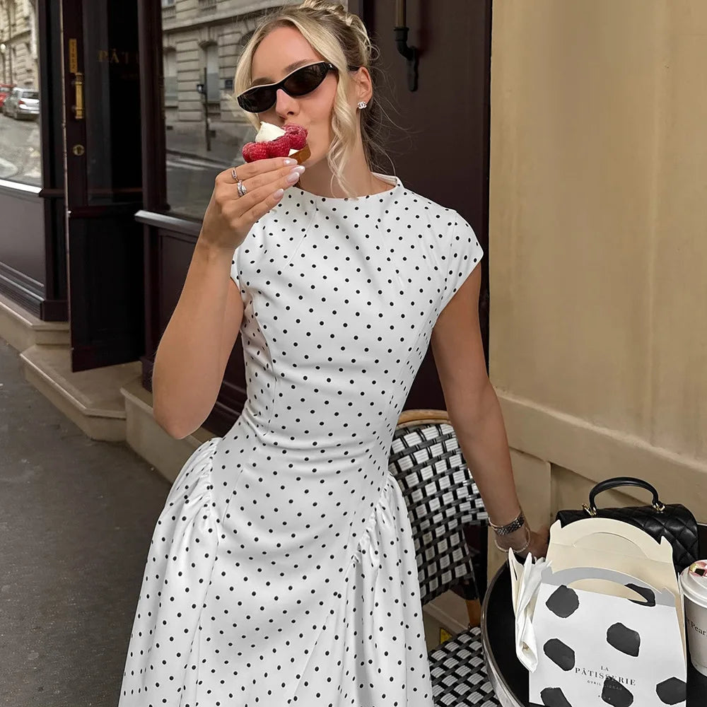 Talenza White Polka Dot Long Dress Summer Sexy High-Waisted Vintage Print Sleeveless Dress Casual Party Vacation New Women Dress