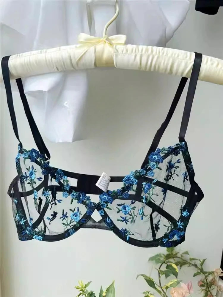 YUQI French Luxury Lingerie Set - Sexy Floral Embroidery Black Bra & Panty Set, Sheer Transparent Seductive Women's Intimates