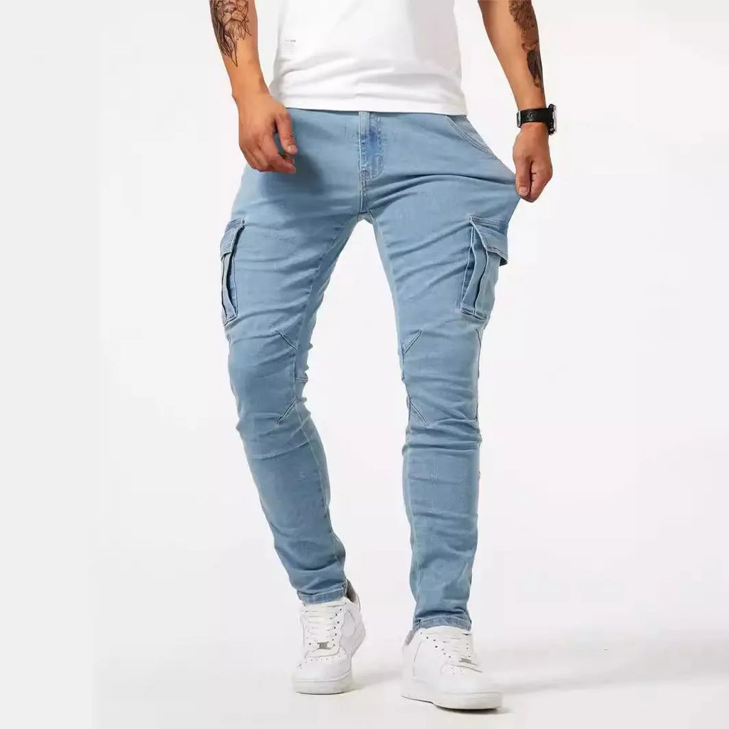 Men's street stretch denim jeans, washed solid color multi pocket work pants, casual slim fit, daily wear, jogging pants, mid wa
