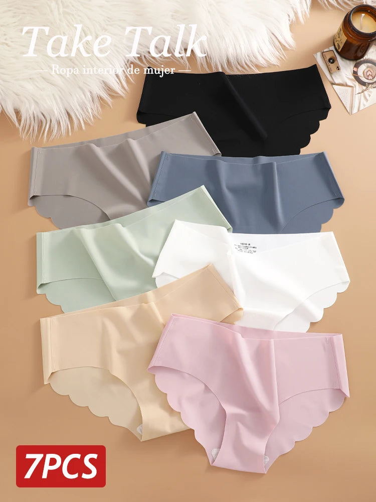 7PCS/Set Ice Silk Seamless Panties Women's Briefs Solid Color Elastic Underwear Female Ultra Thin No Trace Wavy Side Panties Ürün ana görseli