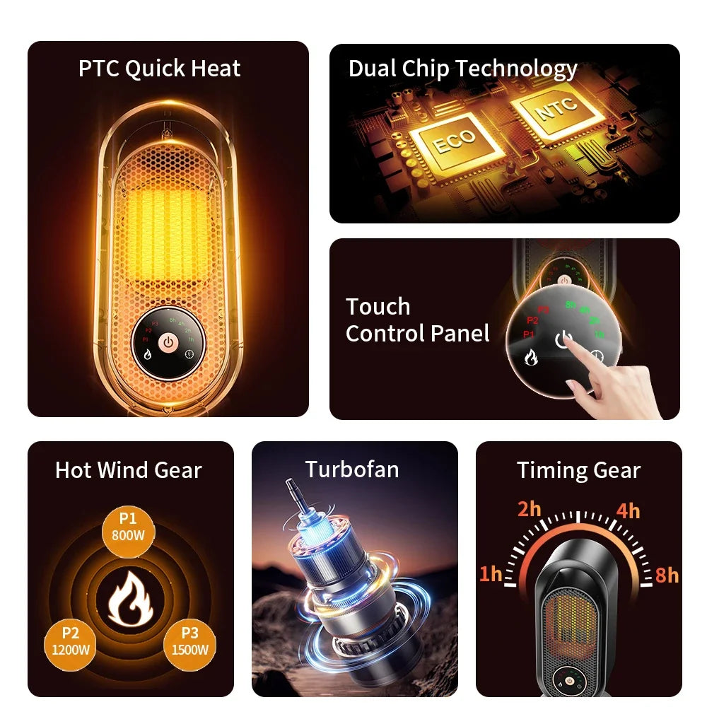 1000W Electric Heater Portable Mini Desktop Fan Heater Smart Hot Air Blower Home Bedroom Office Warmer Machine for Winter