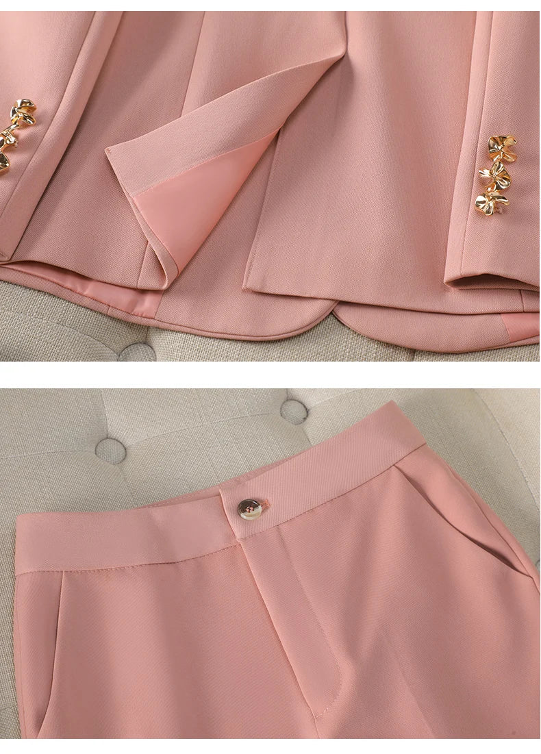 NAVIU New 2024 Women Pant Suits Pink Blazer And Jacket Set Office Ladies Work Business Uniform Female Pantsuit OL Style Beige