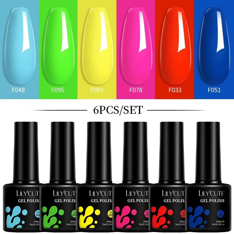 LILYCUTE 7ML 6PCS Neon Gel Nail Polish Set fluorescent Series Color Changing Semi Permanent Soak Off Manicure kit Nail Art Gel