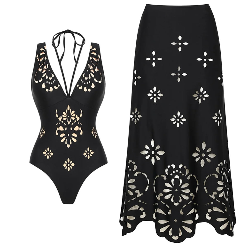 2Pcs Printed Swimsuit Women Sexy Swimwear New Bikini With Long Skirt Female Biquini Push Up Swim Suit Bodysuit Beachwear CoverUp