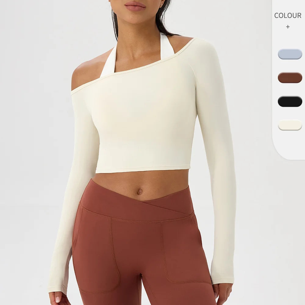 Yoga long-sleeved T-shirt women's one-shoulder sexy tight fitness wear top nude feel quick-drying sports sleeved Yoga Shirts