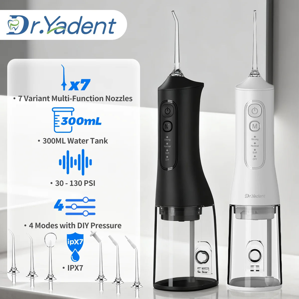 Dr.Yadent YD06 Cordless Oral Irrigator WaterFlosser 300ML Portable Water Jet USB-C Fast Charge 7 Nozzles 4 Modes IPX7 Waterproof Main image