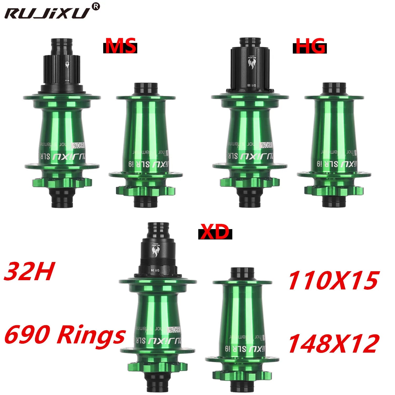 green RUJIXU SLR I9 690 Click Hub 7 Bearing MTB Mountain Bike Hub Front Rear 32Holes QR TA BOOST Disc Brake Bicycle MS/XD Hubs