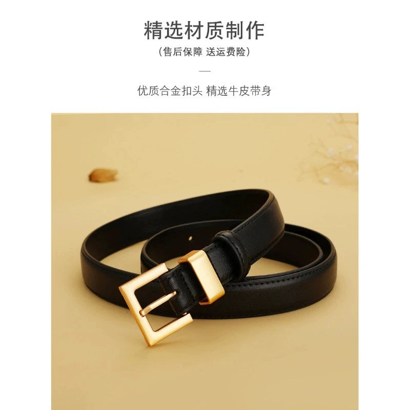 Ladies leather belt; cowhide versatile decoration for suit waist belt; retro simple high-end black ins style denim belt.