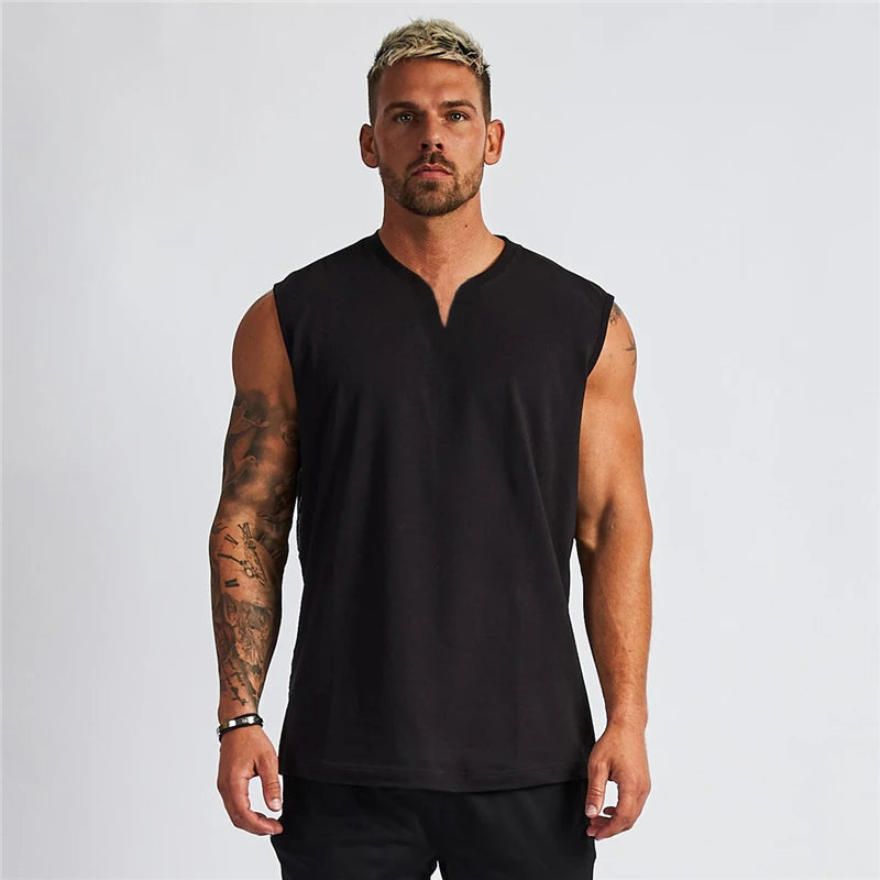 Summer Cotton Breathable V-neck Tank Tops Gym Workout Running Sport Sleeveless Shirt Mens Fitness Bodybuilding Muscle Clothing