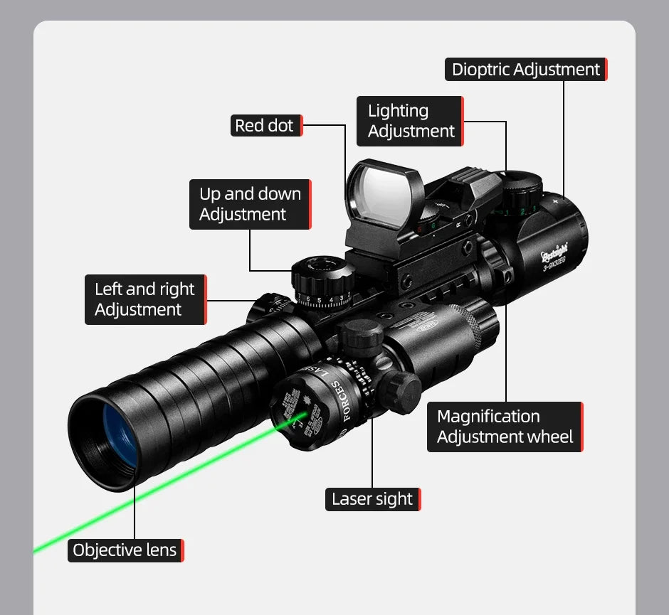 3-9X32 EG Scope 3 in 1 Combo Hunting Scope Red Green Illuminated with Holographic Reflex 4 Reticle Red Green Dot Sight Caza