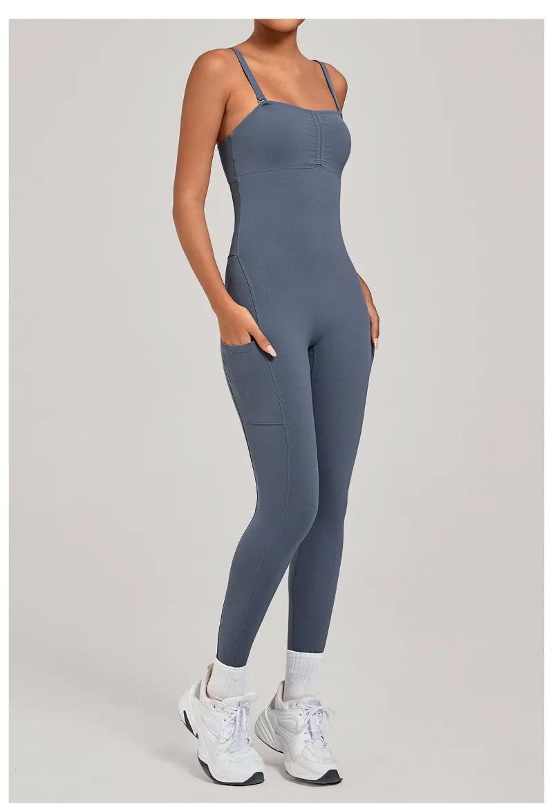 Women's Yoga Jumpsuits Sports Fitness One-piece Beauty Back Strap Pocket Hip-lifting Slim Fit Running Workout Training Bodysuits