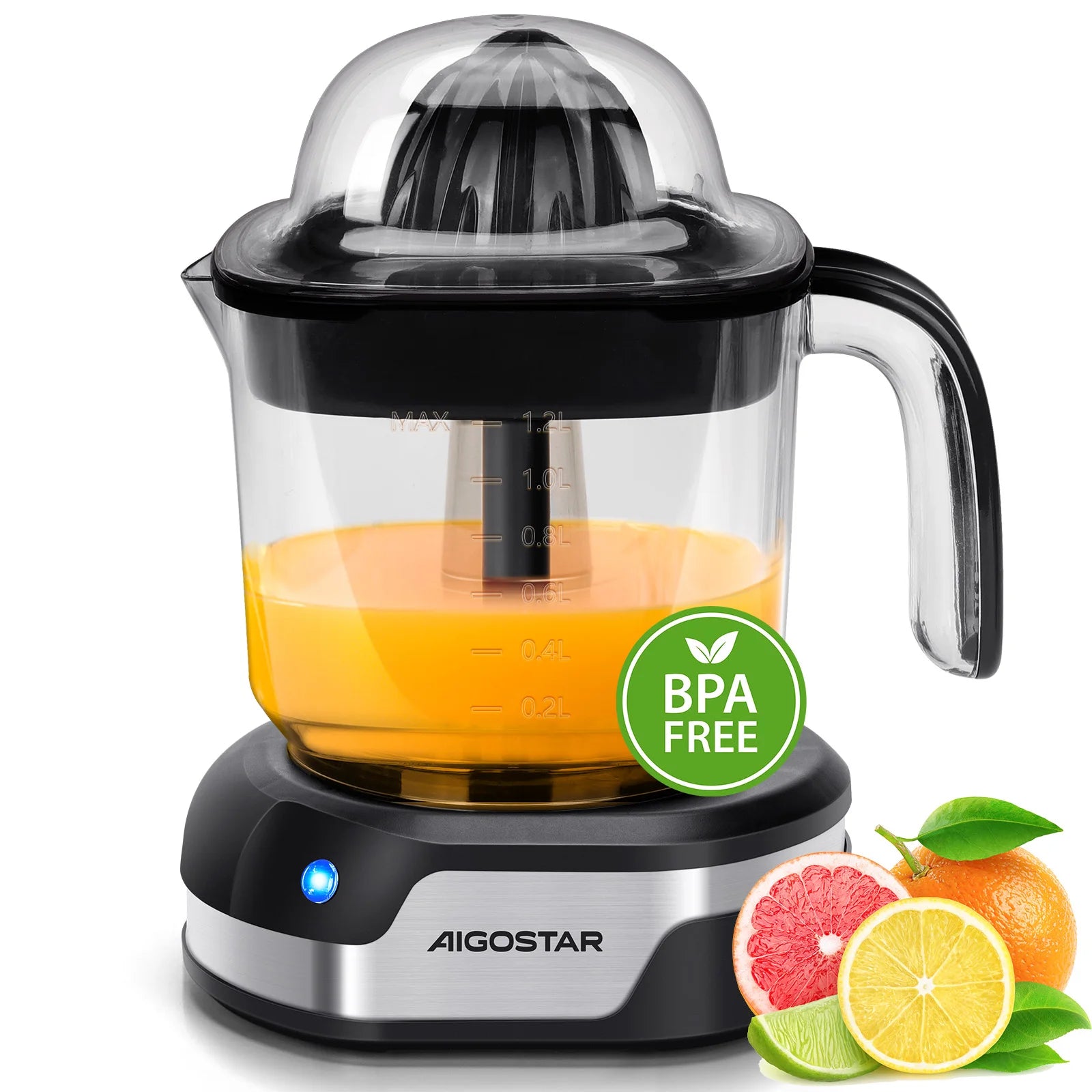 Aigostar Electric Citrus Juicer, 1.2L Large Capacity Juicer with LED Work Light and 2 Removable Cones, Lemon Squeezer for Orange Ürün ana görseli