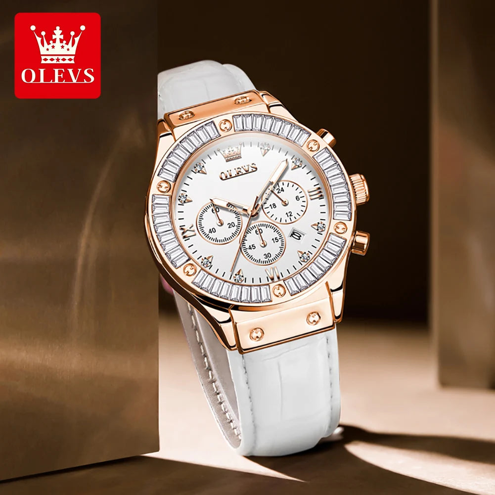 OLEVS 9978 Womens Watch Multifunctional Quartz Watch Waterproof Luminous Leather Strap Elegant Fashion Watches For Woman Gifts
