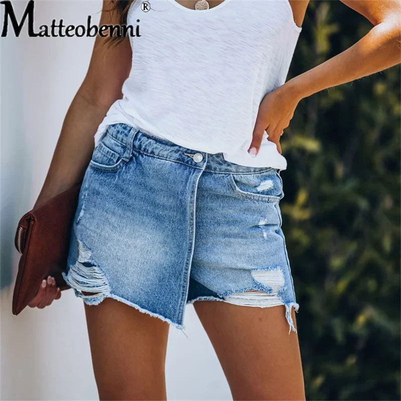 2024 Summer New Women Ripped Repaired Denim Shorts High Waist Bodycon Distressed Hole Bottoms Casual Pockets Sexy Short Jeans