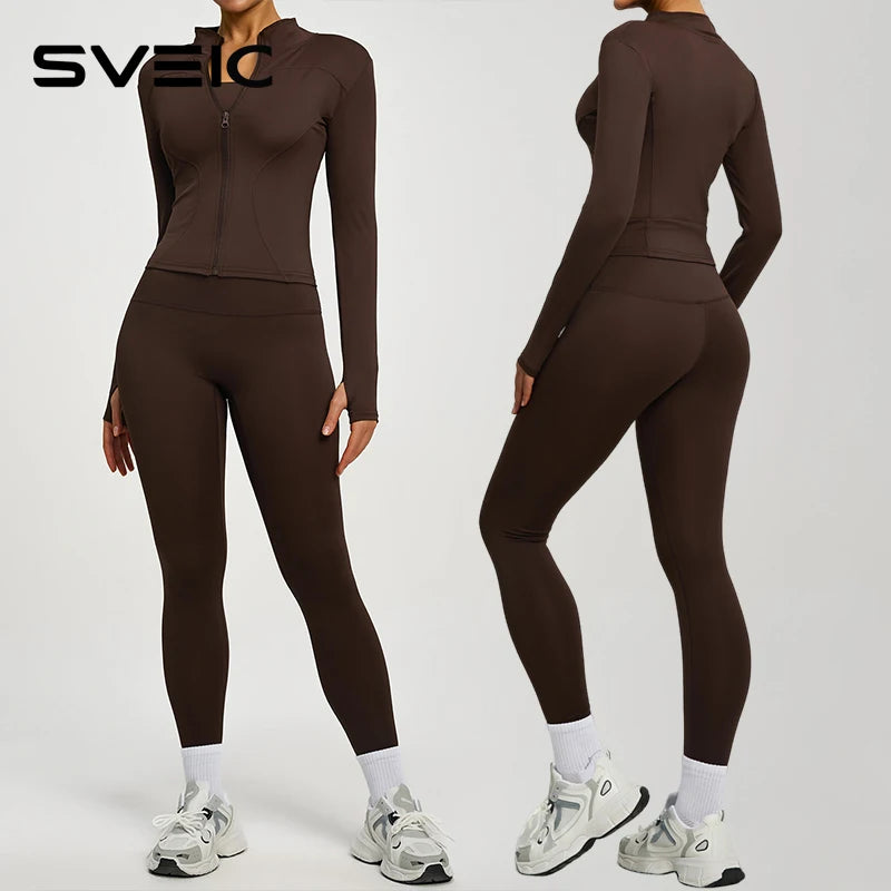 SVEIC Women's Two Piece Tracksuit Yoga Set Long Sleeve Jacket High Waisted Leggings Breathable Gym Clothes For Women Sportswear Ürün ana görseli