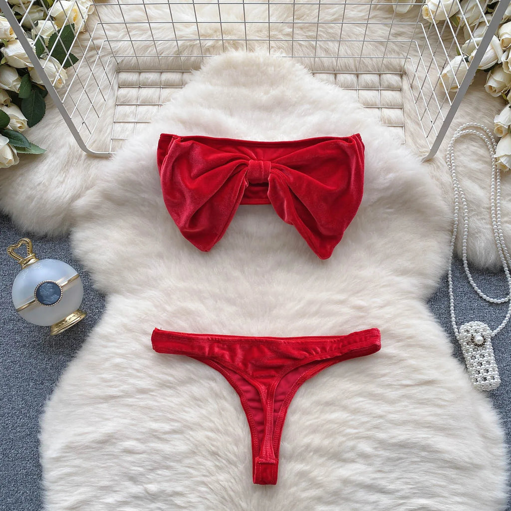 SINGREINY Christmas Erotic Lingerie Suits Ladies Strapless Bodycon Short Sleepwear Fashion Velvet Bow Sensual Underwear Sets