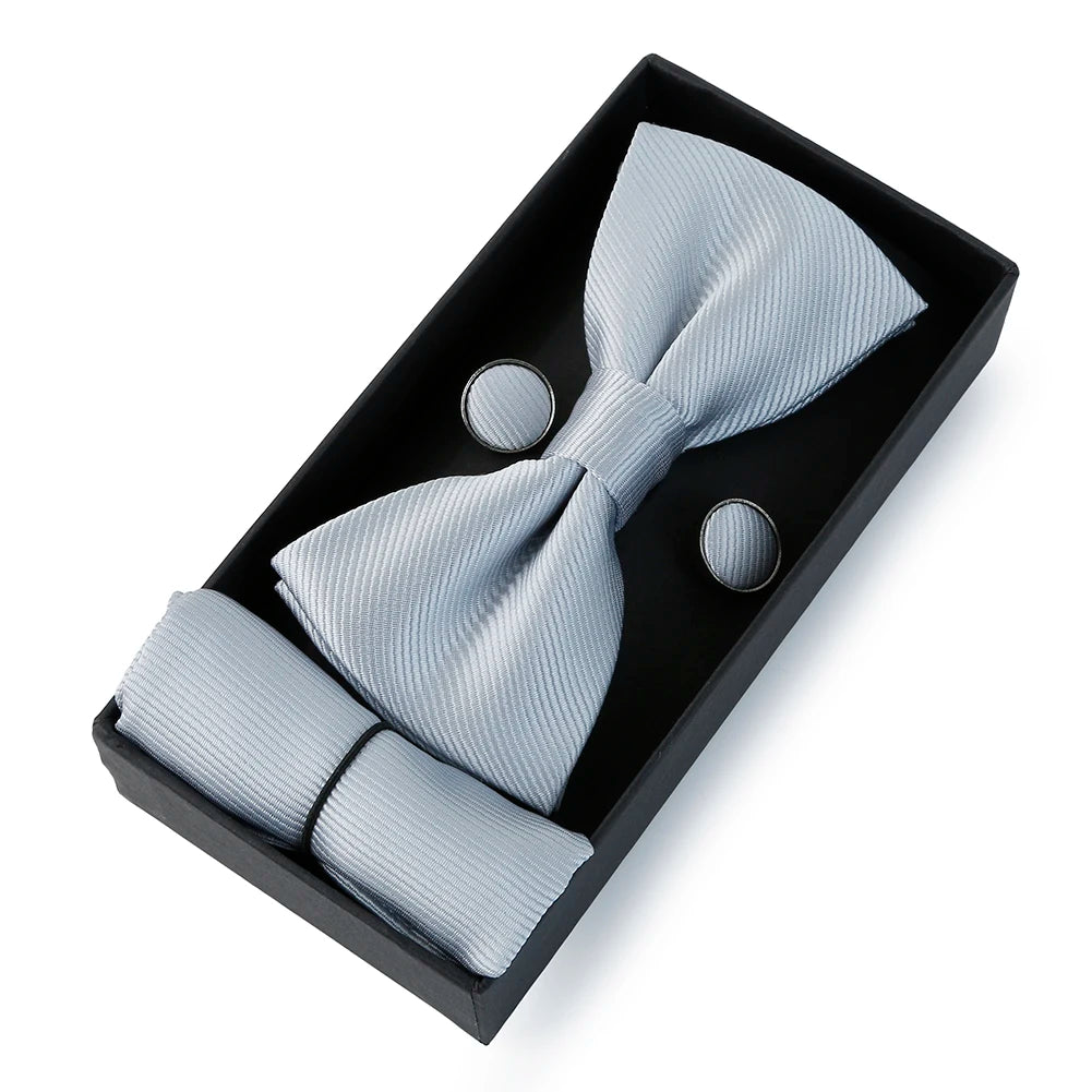 HUISHI Classic Black Bowtie Bow Ties For Mens Butterfly Bowknot Pocket Square Cufflinks Suit Set Bussiness Accessories Gift Box