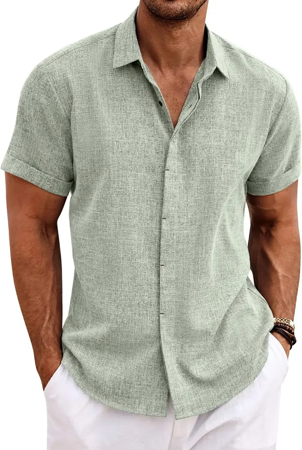Men's Fashion Casual Solid Color Shirt Pullover Button Linen Cotton Comfortable Daily Top Short Sleeve Shirt Beach Summer Shirt Ürün ana görseli