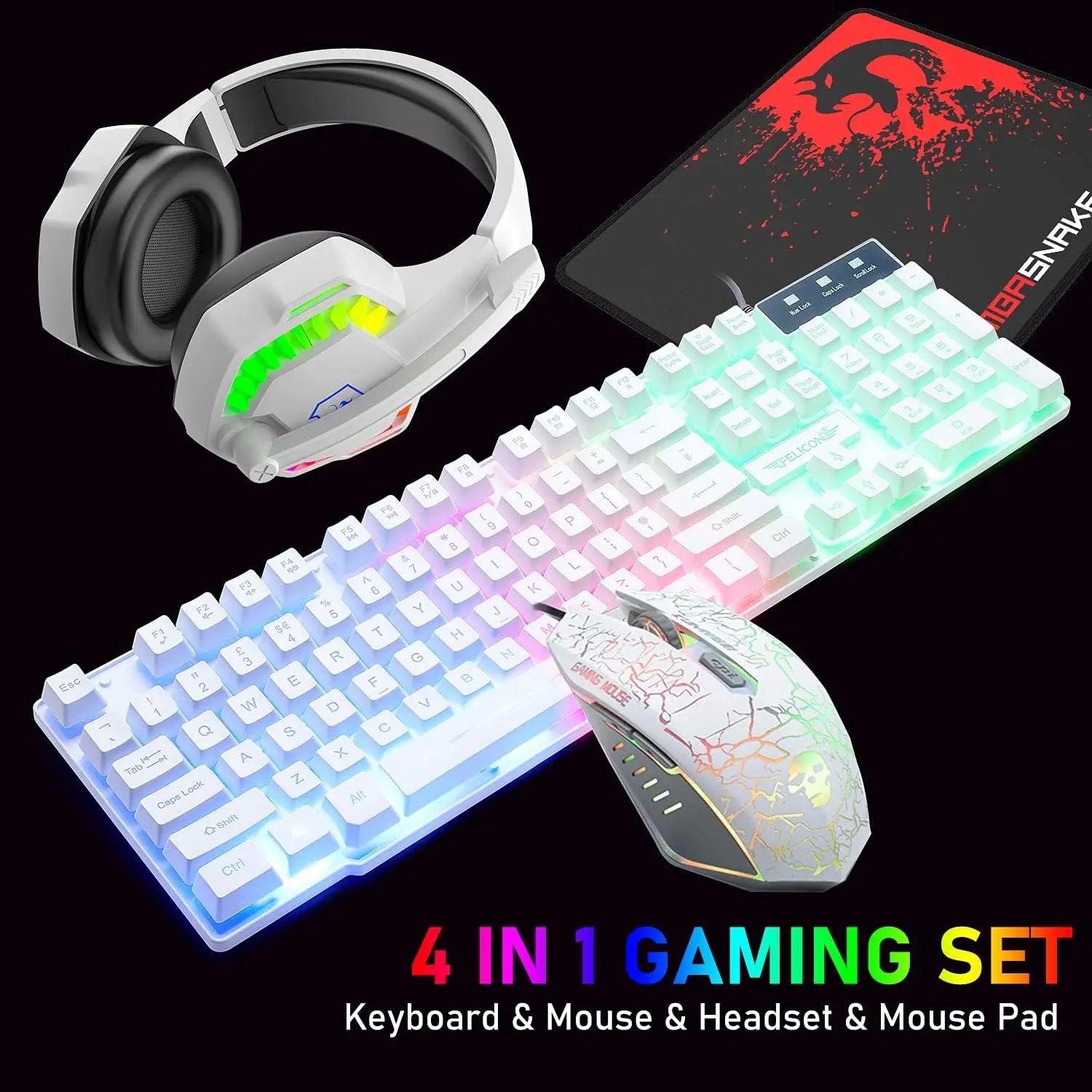 MAMBASNAKE T11 UK 100% Gaming Keyboard&Mouse&Headset&Mouse Pad Combo Set Rainbow Backlit Keyboard, 2400DPI 4 Buttons USB Wired Ürün ana görseli