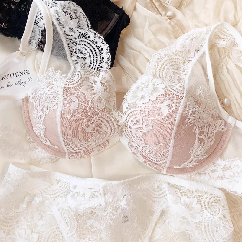 Full Lace Thin Cup Comfortable Young Girls Fashion Intimates, Wire Free Seamless Lingerie For Women Sexy Underwear Bra Pants