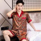 High Quality Pajamas Suit Men Summer Short Sleeve Shorts Ice Silk Sleepwear Male Summer Large Size Simple Casual Loungewear Set