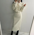 Beige Tweed Jacket + High Waisted Skirts Women Winter  Golden Button 2 Piece Sets Wool Luxury Vintage Skirts Sets Autumn