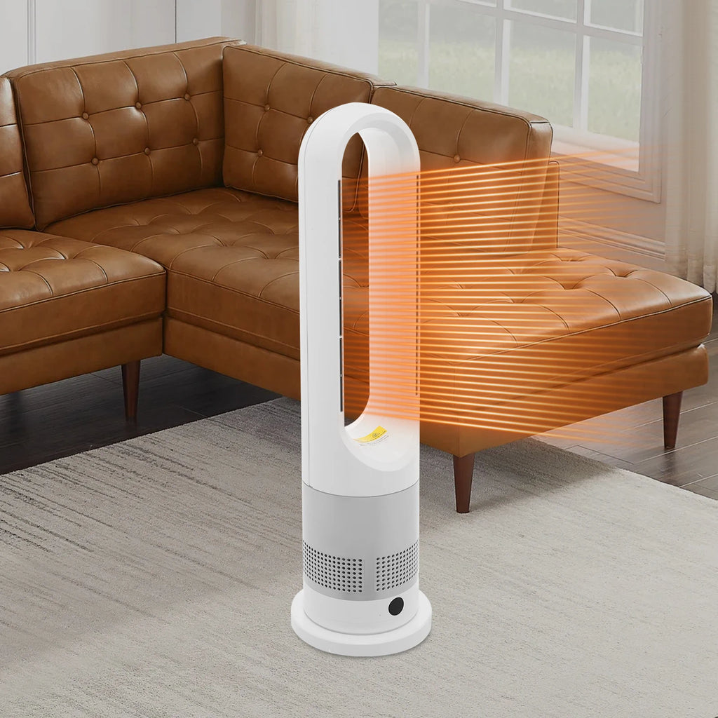 Year-Round Dual Mode Cooling Heating Tower Fan W/Remote 1200W Heater 8 Speeds 9H Timer 80° Oscillation Safe Bladeless